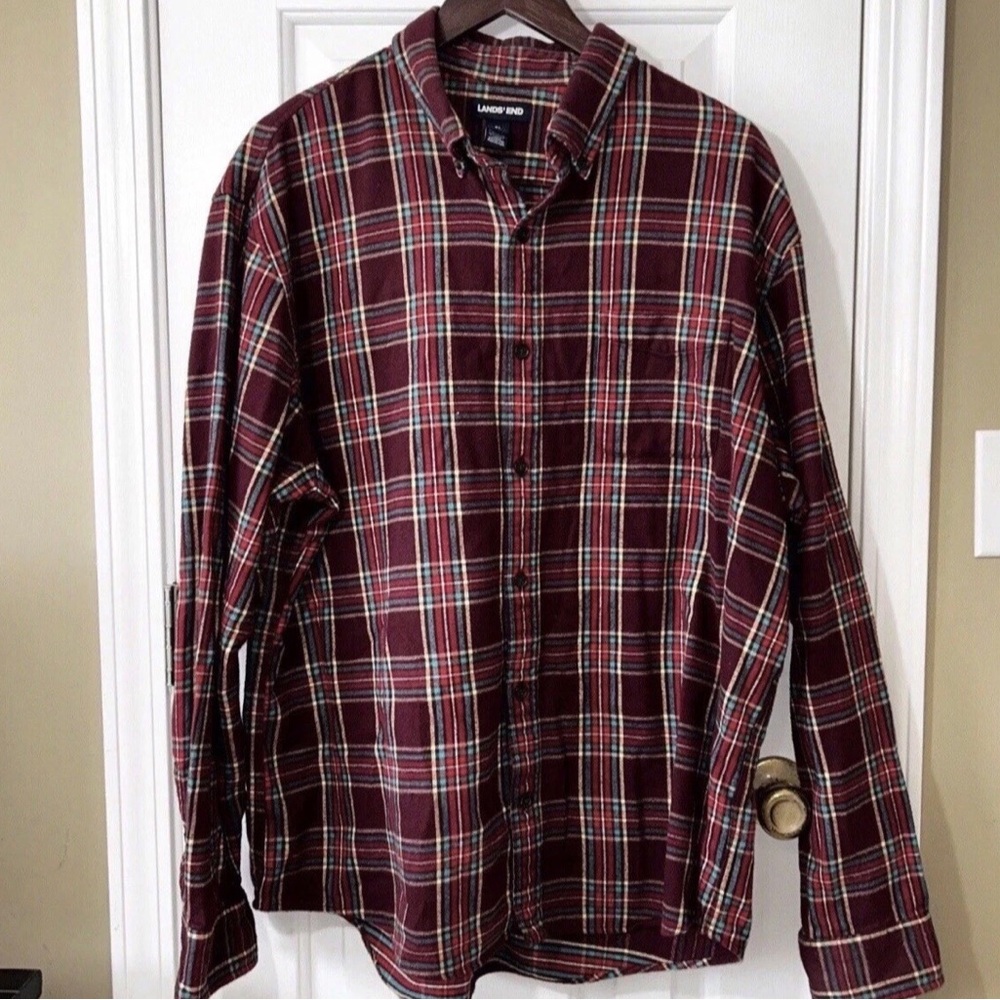 Lands' End Men's XL Flannel Shirt Traditional Fit Plaid Burgundy Blue Gorpcore